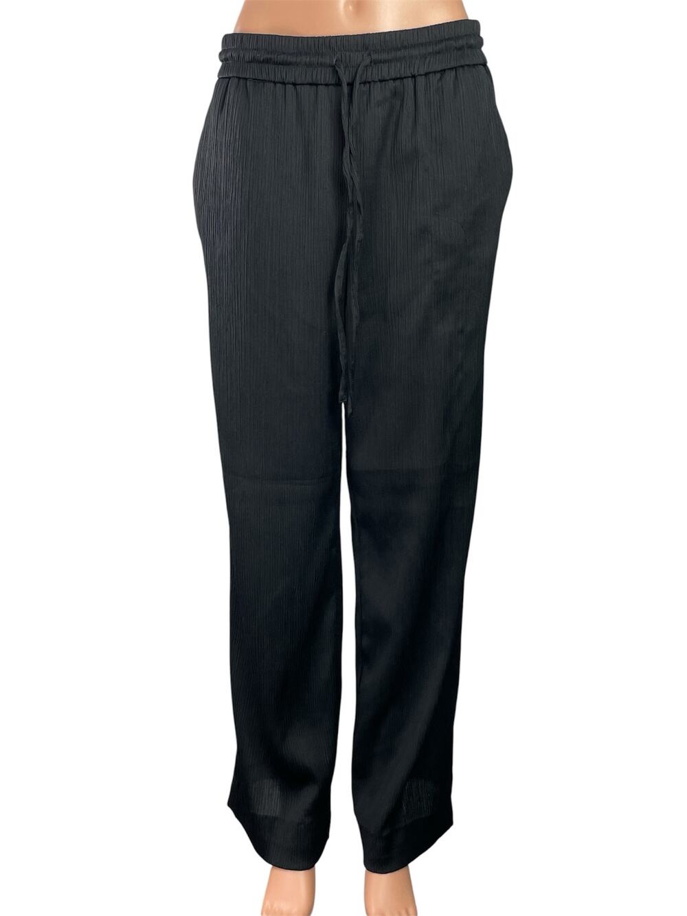 Zara Women's Black Drawstring Pleated Plisse High Rise Wide Leg Trousers Pants M